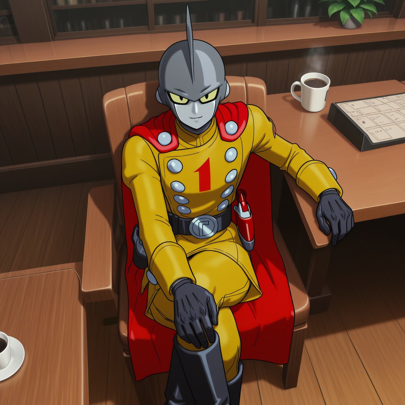1boy, 2d, solo, DBSGamma1, male, android, humanoid, dark gray skin, light gray skin, two tone skin, yellow sclera, black pupils, fin on head, Yellow uniform, yellow pants, long sleeves, black gloves, black boots, red cape, gray buttons, belt, belt buckle, gun holster 

BREAK inside, indoors, cafe, legs crossed, table, coffee on table, sitting on chair, smile, looking up at viewer, relaxed

BREAK best quality, amazing quality, very aesthetic, absurdres, newest, masterpiece, high quality, highres