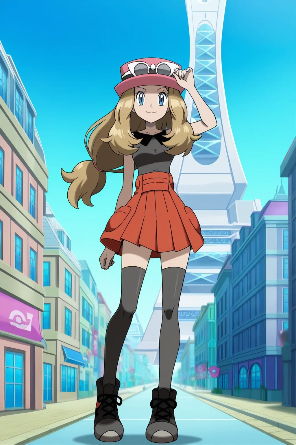 anime, animification, anime screencap, anime coloring, vivid colors, depth of field, high quality, highres, lumiose city, 1girl, serena \(pokemon\),1girl, solo, long hair, hat, blue eyes, skirt, blonde hair, full body, smile, thighhighs, sunglasses, standing, sleeveless, low-tied long hair, shirt, black footwear, pink headwear, red skirt, looking at viewer, sleeveless shirt, pleated skirt, eyewear on head, eyewear on headwear, adjusting headwear, shoes, black shirt, very long hair, sky, day, tower, prism tower, blue sky, building, scenery, city, road, street
<lora:Lumiose_city-10:1>