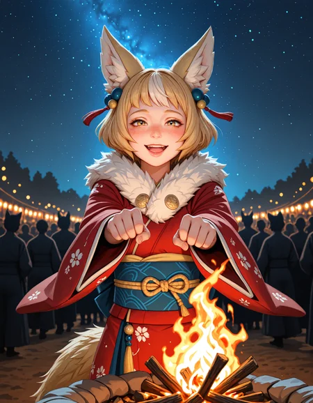 (depth of field, bokeh, highly detailed, absurdres, high_quality, newest, incredibly_absurdres, very_aesthetic, traditional_media, photoshop_\(medium\))
(KKL-Illu, wind_lift, action_pose, 1girl, solo, blush, smile, short_hair, open_mouth, blonde_hair, crowd, brown_hair, bonfire, dark_theme, moonbeam, starry_sky, simple_background, hair_ornament, photoshop_(medium), bow, animal_ears, tail, yellow_eyes, upper_body, japanese_clothes, multicolored_hair, teeth, lips, two-tone_hair, fur_trim, fox_ears, fox_tail, fire_emblem, freckles, fire_emblem_fates)