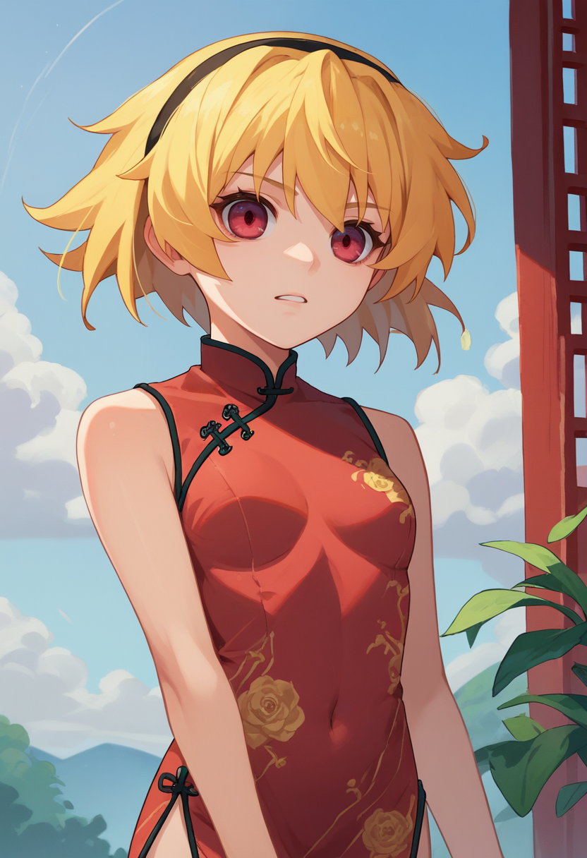 score_9, score_8_up, score_7_up, source_anime, 1girl, Satornd, blonde hair, red eyes, hairband, china dress,  <lora:Satoko-000011:1>