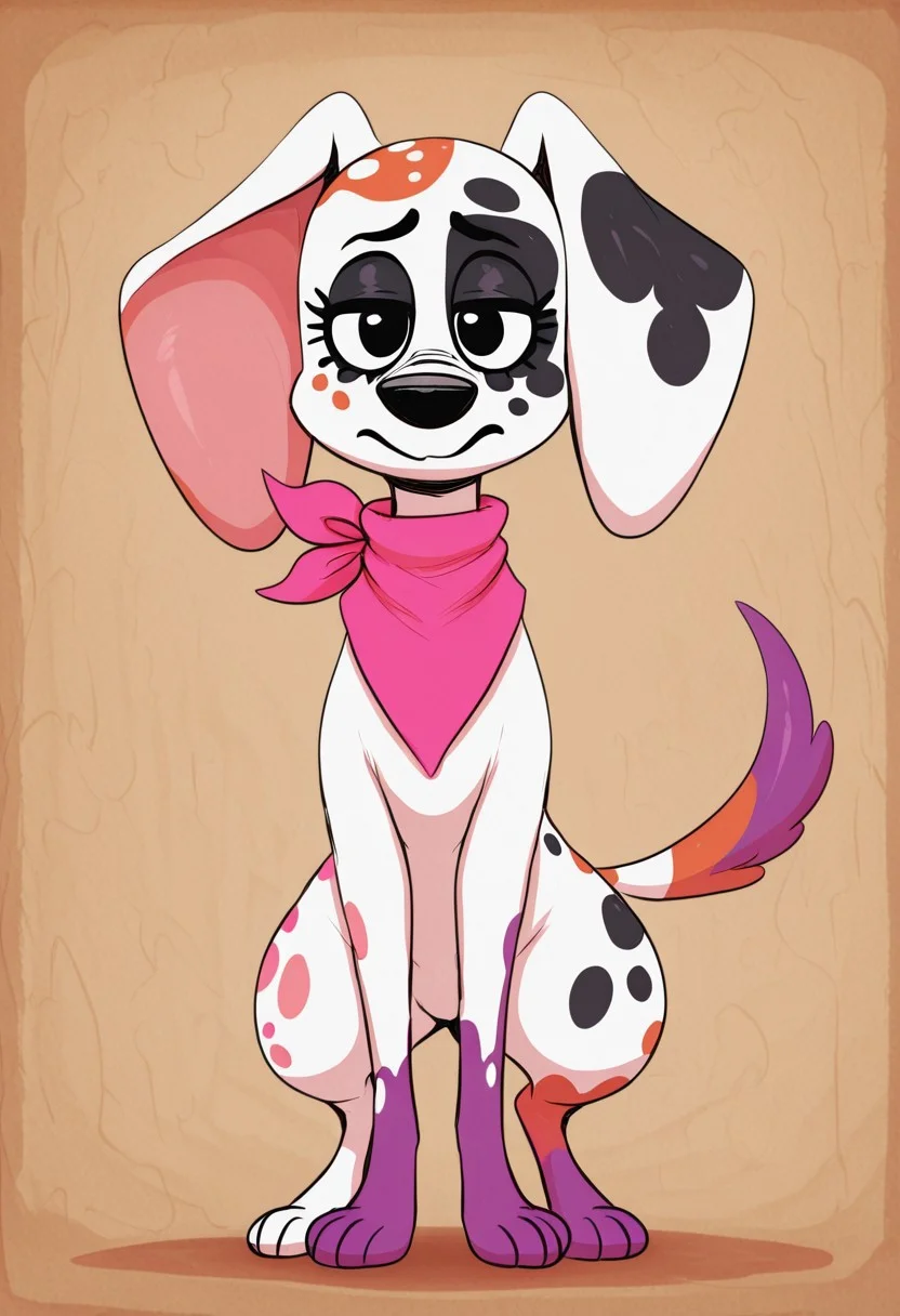 sunib3, SB, SB, masterpiece, best quality, amazing quality, Da_vinci, Solo, 1girl, feral, dog, dalmatian, white fur, pink paw, purple paw, snout, black nose, black spots, colored spots, colored paws, colored tail, thin tail, large ears, black eyes, black nose, pink bandana, full body, looking at viewer, standing, front view, from the front