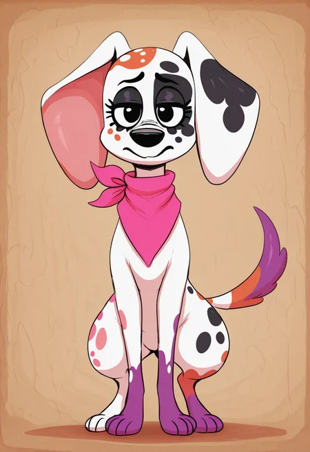 sunib3, SB, SB, masterpiece, best quality, amazing quality, Da_vinci, Solo, 1girl, feral, dog, dalmatian, white fur, pink paw, purple paw, snout, black nose, black spots, colored spots, colored paws, colored tail, thin tail, large ears, black eyes, black nose, pink bandana, full body, looking at viewer, standing, front view, from the front