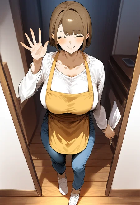 score_9, score_8_up, score_7_up, score_6_up, source_anime, <lora:STS 0.1v:1>, sexy, attractive, hot, uncensored, 
1girl, breasts, brown hair, apron, solo, shirt, short hair, closed eyes, smile, pants, white shirt, yellow apron, denim, long sleeves, jeans, standing, shoes, bangs, huge breasts, waving, wooden floor, full body, closed mouth, doorway, collarbone, blush, hand up, facing viewer, large breasts