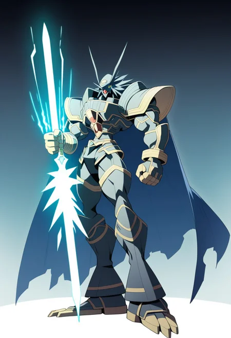 score_9, score_8_up, score_7_up, rating_safe,newest,makoto shinkai,1990s_(style),retro anime,1boy,solo,alphamon,digimon,masterpiece,detailed,best quality,safe,cape,standing,full body,energy sword,holding sword,hdr,dof