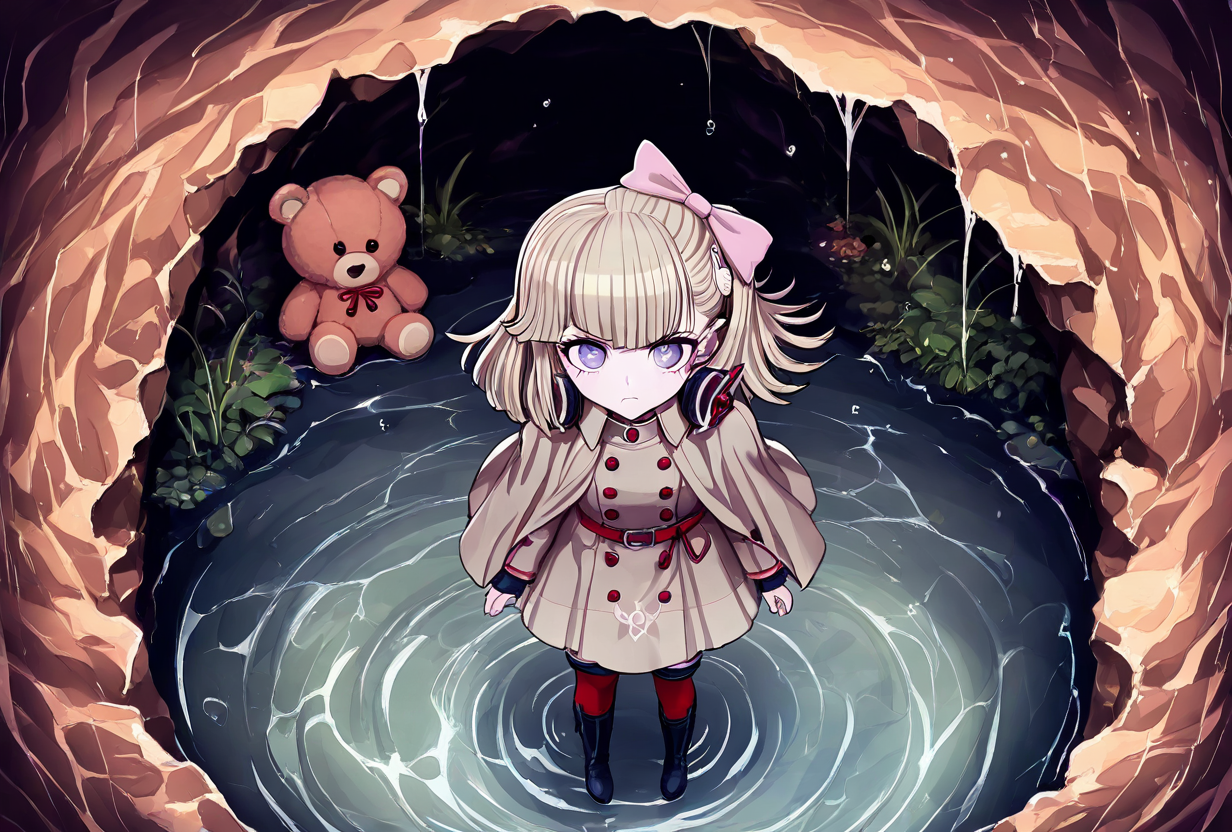 (((solo))), masterpiece, best quality, very aesthetic,  modern, modern anime,  isometric view , angry expression  , (((solo))),master_detective_archives:_rain_code, pucci_lavmin, <lora:Pucci_Lavmin_Illustrious:1>,  Rain Code game style. . The image shows Pucci Lavmin with an expression of perfect serenity as she stands in an underground cave, listening to water droplets falling in a complex natural rhythm. Her teddy bear wears a tiny spelunking helmet, while the sound waves of each droplet create overlapping circles like ripples in a pond, visible only to her. Pucci Lavmin wearing a beige double breasted cape coat with red buttons and a red belt, red thigh high socks, and black boots. She has short, layered blond hair tied back with a pink bow and a bunny ear hair clip on the left side of her head. She has red headphones.