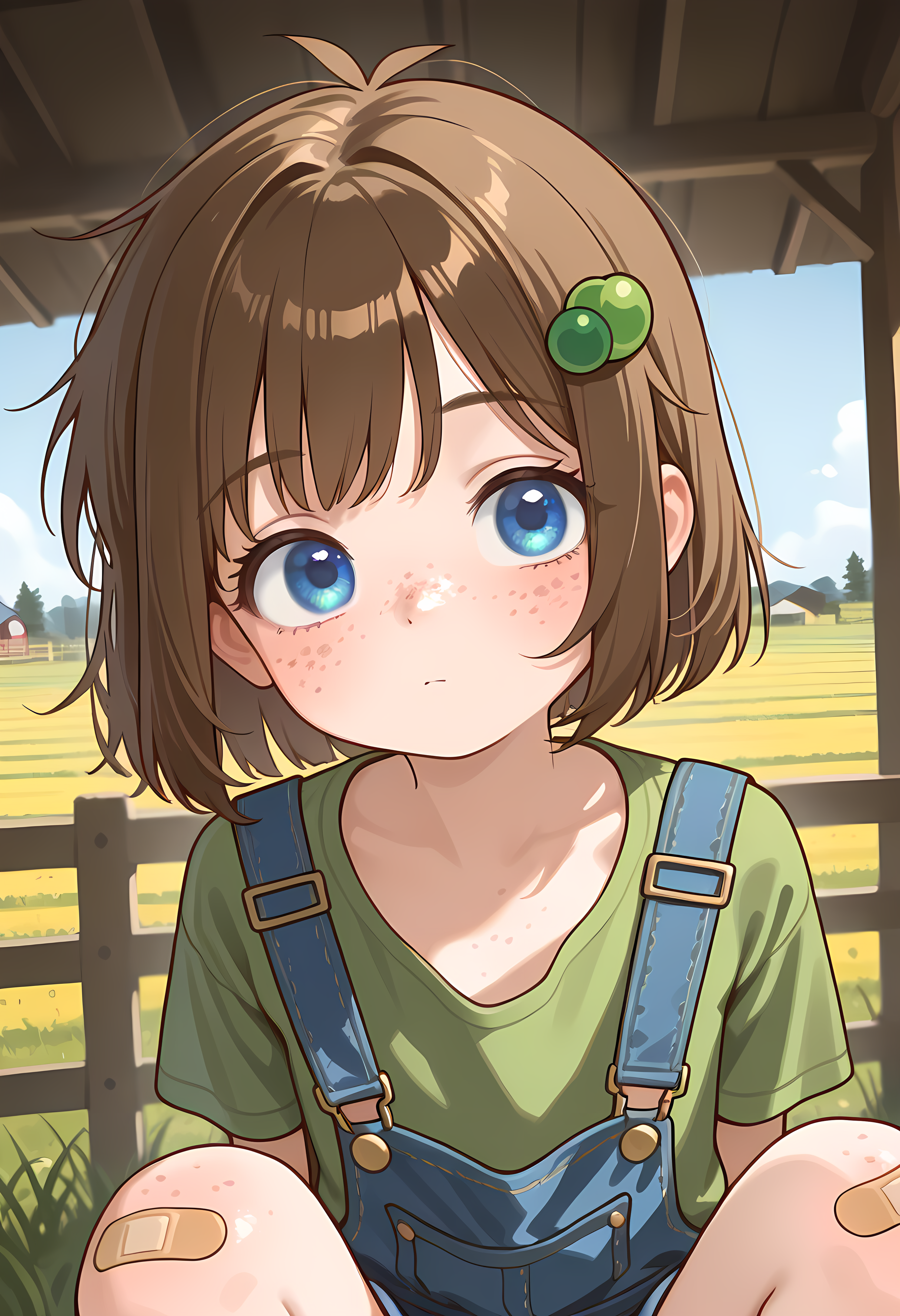 <lora:add-detail-xl:1>,masterpiece,best quality,amazing quality,very aesthetic,absurdres,newest,huge filesize,<lora:spo_sdxl_10ep_4k-data_lora_webui:0.5>,1girl, freckles, brown hair, bandaid, blue eyes, , short hair, hair ornament, bandaid on knee, face focus,farm background,Lily Hopkins, <lora:lily_hopkins_ill:0.8>,,flat chest,,blue overalls,green shirt,