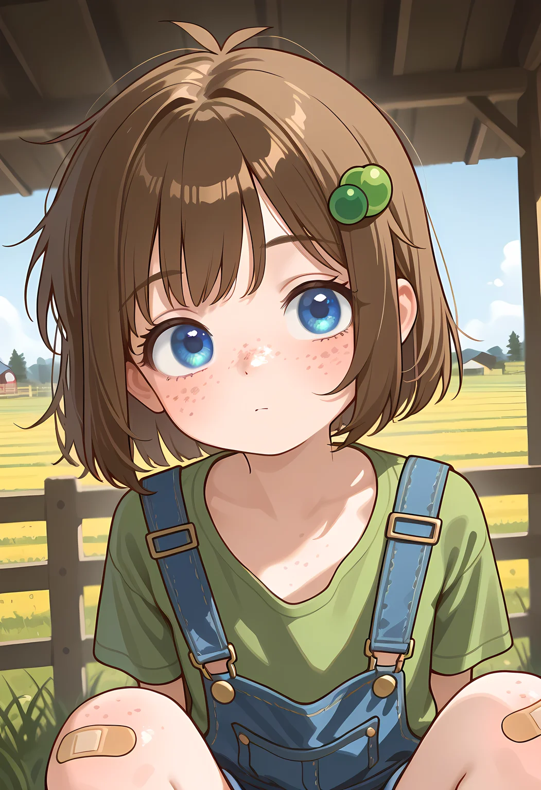 <lora:add-detail-xl:1>,masterpiece,best quality,amazing quality,very aesthetic,absurdres,newest,huge filesize,<lora:spo_sdxl_10ep_4k-data_lora_webui:0.5>,1girl, freckles, brown hair, bandaid, blue eyes, , short hair, hair ornament, bandaid on knee, face focus,farm background,Lily Hopkins, <lora:lily_hopkins_ill:0.8>,,flat chest,,blue overalls,green shirt,
