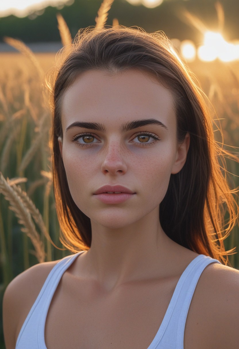 30yo american woman in a wheat field
Small eyes. Brown eyes.
Wearing white tank top. no makeup. Clear skin.  realistic skin style
Long dark black slick back hair. No makeup. Dusk, Street light. Looking at camera POV. Slight smile, tilting head.. Tilt head. Hands in head, face, lips.
Medium Close Up shot. Bokeh. Heavy Bokeh light. Dawn. yellow, red, purple orange. sky.