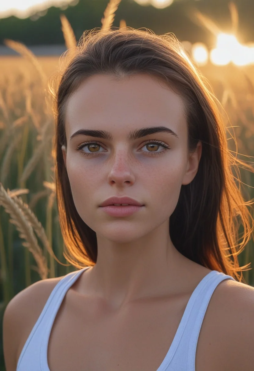 30yo american woman in a wheat field
Small eyes. Brown eyes.
Wearing white tank top. no makeup. Clear skin. realistic skin style
Long dark black slick back hair. No makeup. Dusk, Street light. Looking at camera POV. Slight smile, tilting head.. Tilt head. Hands in head, face, lips.
Medium Close Up shot. Bokeh. Heavy Bokeh light. Dawn. yellow, red, purple orange. sky.