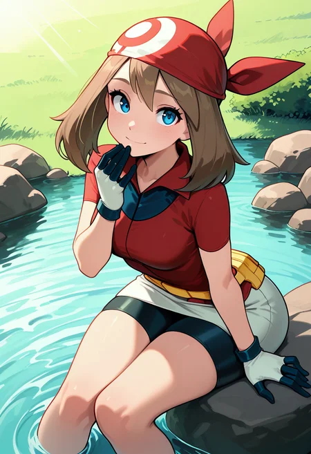 masterpiece, best quality, medium breasts, (curvy), <lora:MayPokemonIXL_v2:1.0>, zzMay, may (pokemon), solo, brown hair, blue eyes, medium hair, red shirt, bike shorts, red bandana, gloves, white miniskirt, yellow belt, sitting on a rock, lakeside, gentle breeze, reflective water, warm sunlight, relaxed expression â Sitting on a smooth rock by the crystal-clear lake, letting out a soft sigh of contentment. The afternoon sun glistens on the rippling water, creating shimmering reflections that dance across her red shirt and white miniskirt. Her red bandana keeps her brown hair neatly in place, though a few strands escape to sway in the light breeze. Her blue eyes gaze at the distant horizon, lost in thought, while her gloved fingers idly trace patterns on the stone beneath her. The sounds of water lapping against the shore and distant Pokémon calls make for a peaceful, fleeting moment of serenity before her next journey begins. smile, looking at viewer,(leaning forward:1.2) ,