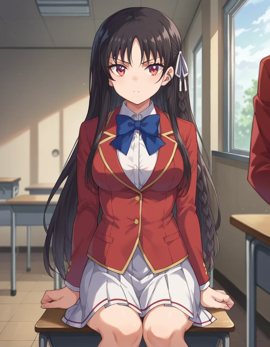 score_9, score_8_up, score_7_up, source_anime,
suzunehorikita, <lora:suzune-horikita-ponyxl-lora-nochekaiser:1>,
suzune horikita, long hair, black hair, red eyes, hair ribbon, braid,
bow, school uniform, jacket, bowtie, blue bowtie, blazer, red blazer, skirt, white skirt,
indoors, classroom, hallway, sitting, desk, chair,
looking at viewer, cowboy shot,