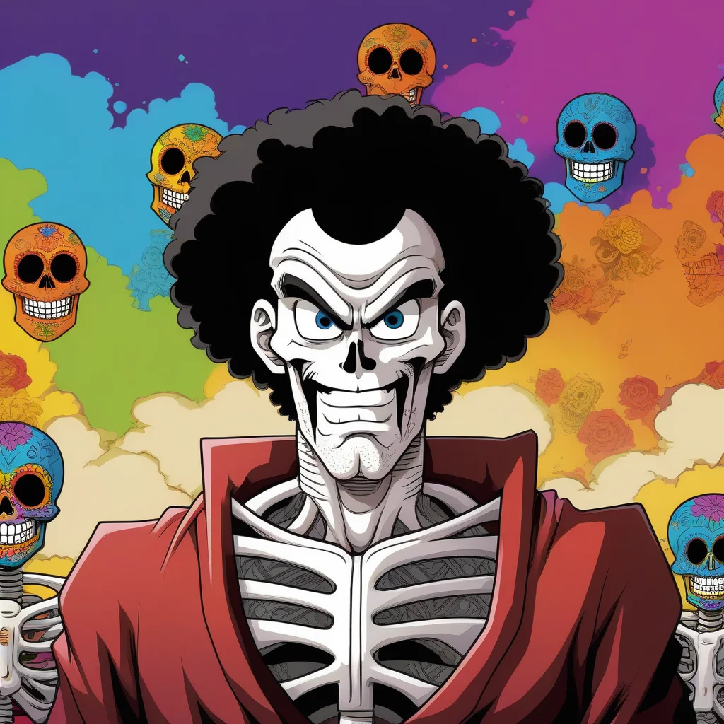 anime illustration by Akira Toriyama,Mr. Satan man, mastepiece portrait of a skeleton,color splash,abstract colorfull background,day of the dead,<lora:mr_satan-000007:0.8>