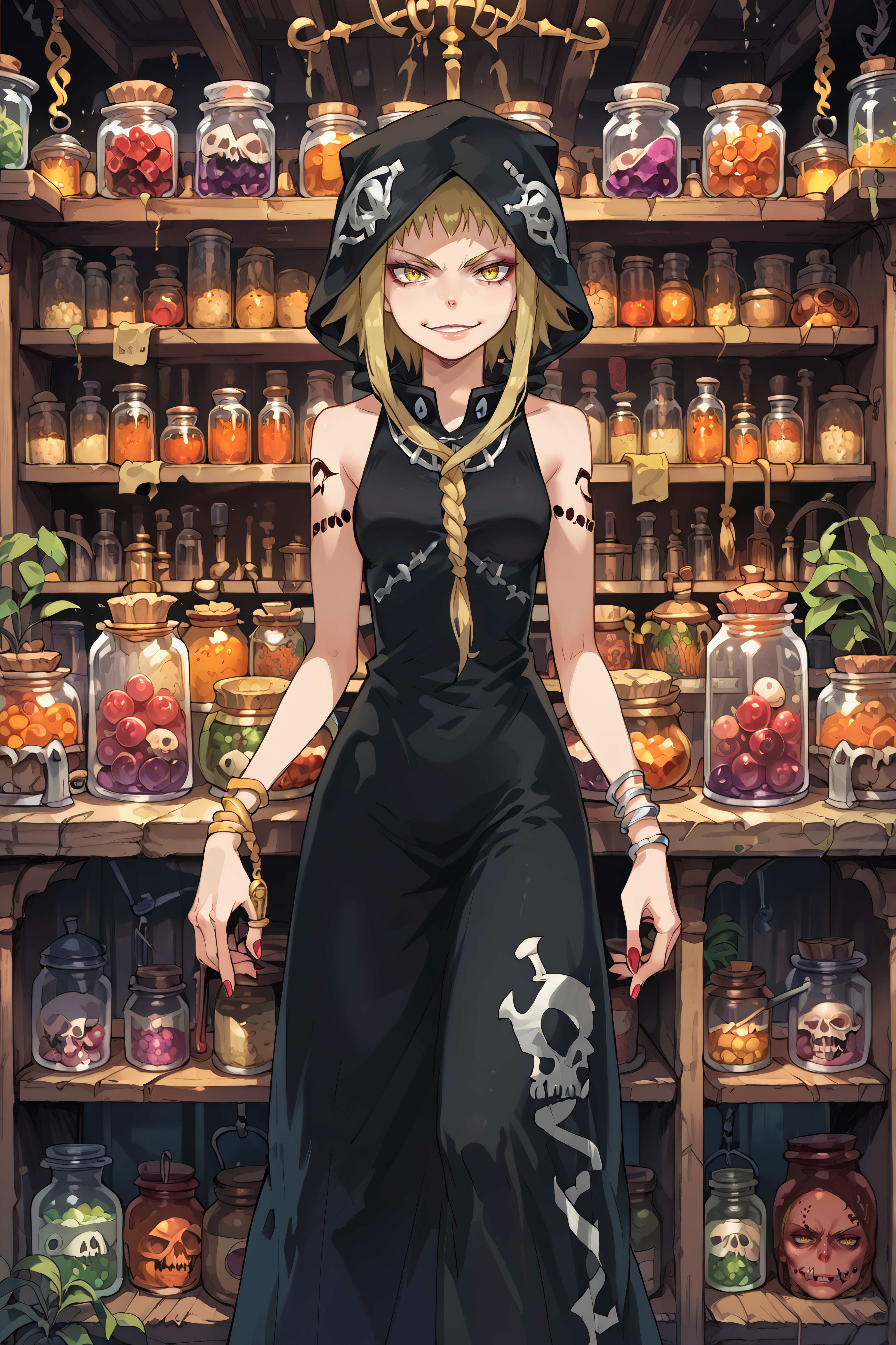 score_9, score_8_up, score_7_up, score_6_up,source_anime,
standing behind counter,evil smirk, 
, <lora:Medusa:0.8>,medusa, 1girl, yellow eyes, hood, braid, jewelry, bracelet, blonde hair, tattoo, sleeveless, bare shoulders, long hair, single braid, short hair with long locks, nail polish, long dress, bare foot,
,  <lora:oddities_shop_specimen:0.8>,0ddmag1c ,curio,shop,oddity ,jars,skulls, bones,dim, dark,
,<lora:br1ghtXLP:0.8>,br1ght, multicolored,