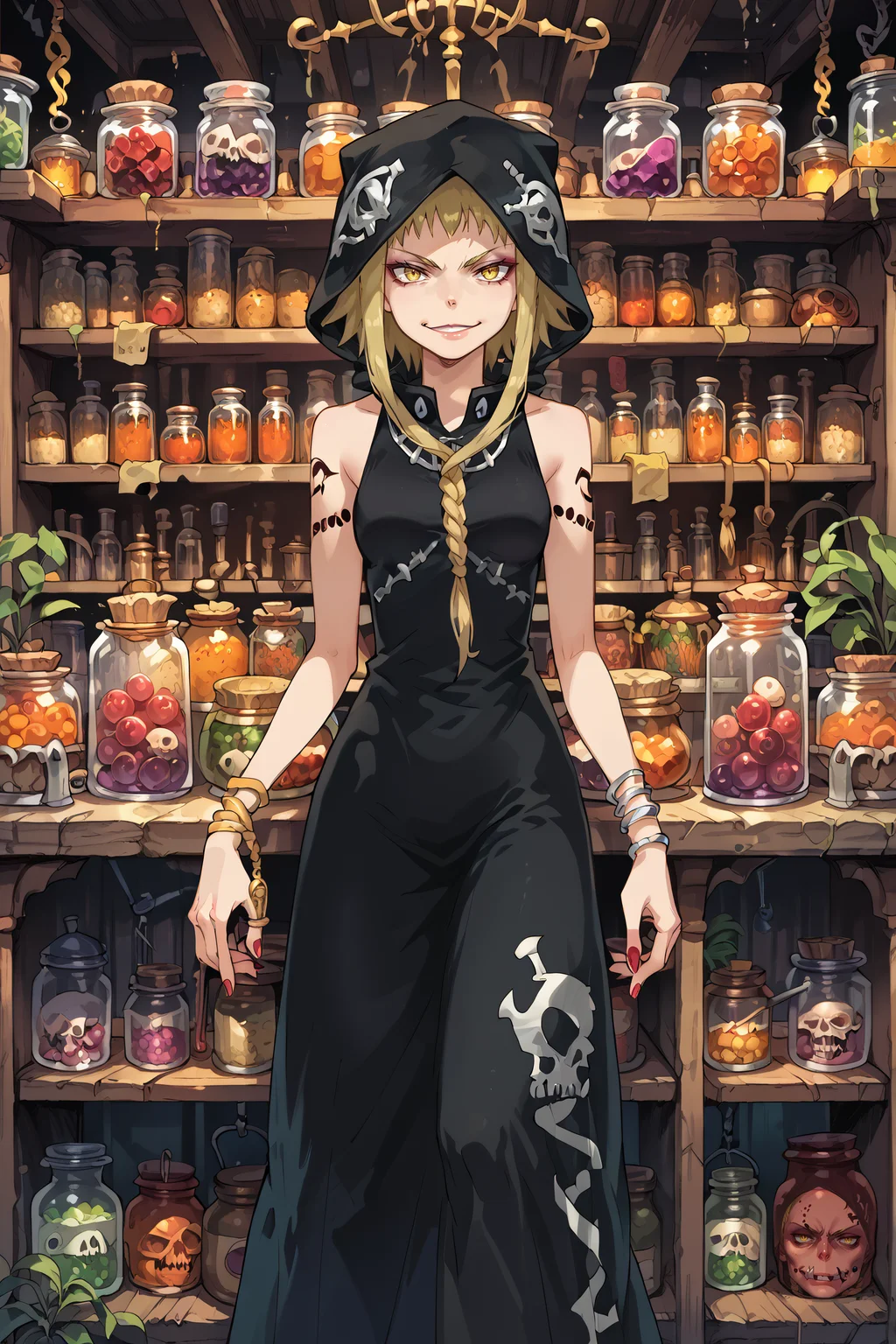 score_9, score_8_up, score_7_up, score_6_up,source_anime,
standing behind counter,evil smirk,
, <lora:Medusa:0.8>,medusa, 1girl, yellow eyes, hood, braid, jewelry, bracelet, blonde hair, tattoo, sleeveless, bare shoulders, long hair, single braid, short hair with long locks, nail polish, long dress, bare foot,
, <lora:oddities_shop_specimen:0.8>,0ddmag1c ,curio,shop,oddity ,jars,skulls, bones,dim, dark,
,<lora:br1ghtXLP:0.8>,br1ght, multicolored,