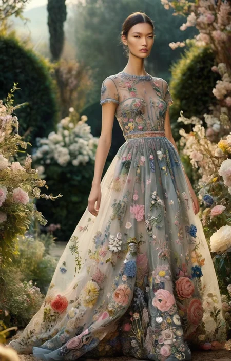masterpiece,best quality,<lora:tbh361-sdxl:0.6>,illustration,style of Stefano Gabbana, Ethereal Dior haute couture dress, delicate embroidery, sheer fabrics, dreamy garden backdrop