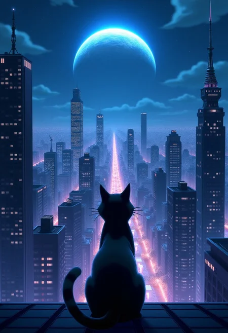 High quality, high resolution, high definition,
A magical city with faint neon lights on the skyscrapers, a planet emitting blue light, with the view from behind a cat looking down at the city, anime style