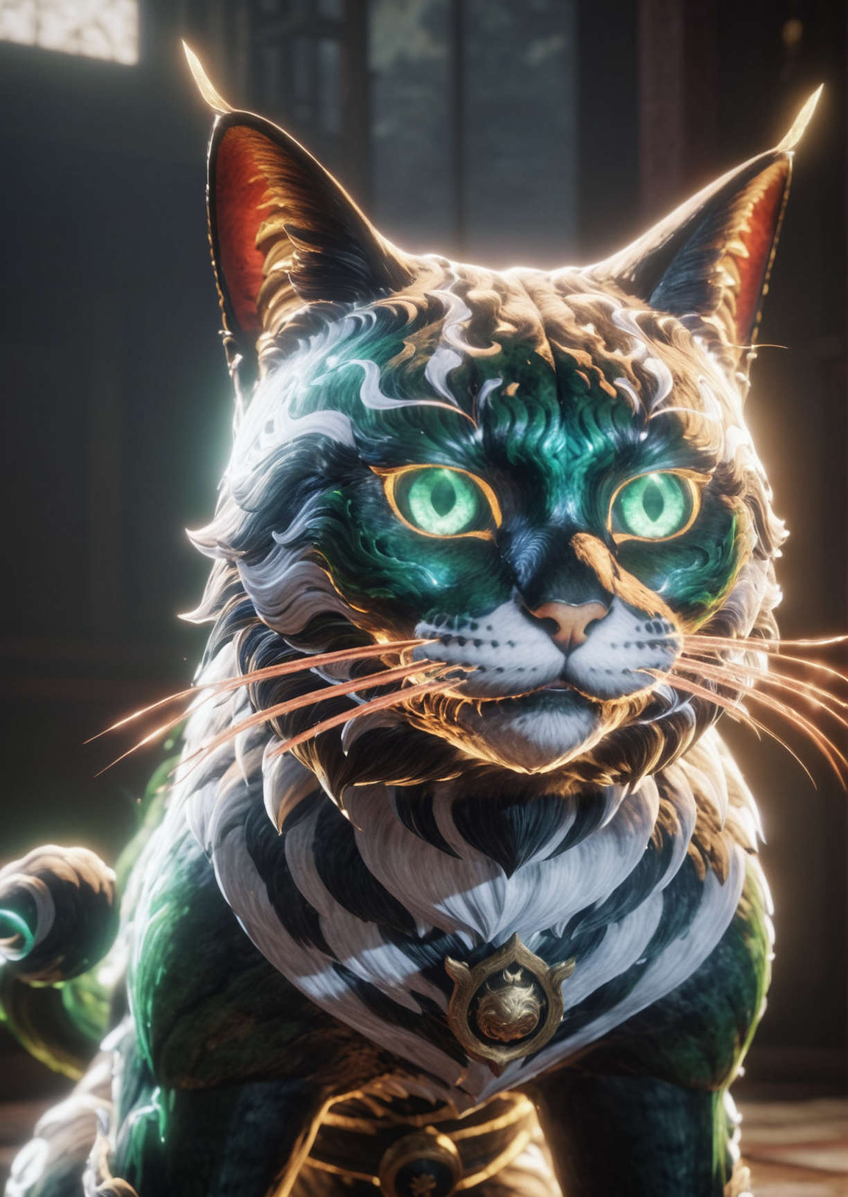 photography,niohxlguardiansprt.emerald cat,roaring,awardwinning,masterpiece <lora:niohguardiansprt-step00000420:0.8>,epic,trending on artstation,raw photo,128k UHD,sharp focus,bokeh,50nm lens,solo,hyperrealism,absurd res,private photo press,aesthetic