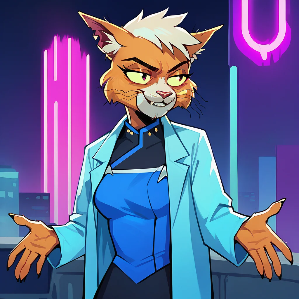 score_9, score_8_up, score_7_up,  <lora:t4n4_epoch_10:1> t4n4,1girl,lab coat, sci-fi city background, neon lights, purple glow, smile