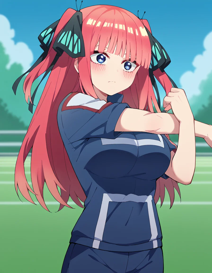 score_9, score_8_up, score_7_up, source_anime, <lora:nnakano-s2-ponyxl-lora-nochekaiser:1>, long hair, bangs, blue eyes, hair ornament, hair ribbon, pink hair, blunt bangs, two side up, butterfly hair ornament, large breasts,, <lora:ua-gym-uniform-ponyxl-lora-nochekaiser:1> ua gym uniform, u.a. gym uniform, blue track suit, blue pants, blue shirt, short sleeves,, blush, track and field, <lora:cross-body-stretch-ponyxl-lora-nochekaiser:1> cross-body stretch, stretching, arm across chest, exercising,, cowboy shot,