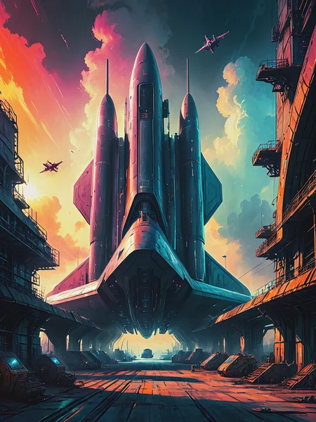 impactful color paint of (futuristic:1.5) a huge military factory made of steel, glass, fog, sun, in the clouds, , futuristic military planes, moody tones, old book style ink cover illustration, on parchment <lora:Bold_Pop:0.6> highly detailed, vibrant colors , 8k, sharp, professional, clear, high contrast, high saturated, , vivid deep blacks, crystal clear