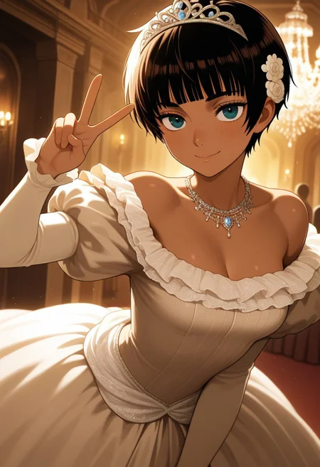 masterpiece, best quality, amazing quality,
 1girl,,casca_(berserk), dark-skinned female,   pixie cut,(blunt bangs:2), princess braid,Sepia colour dress, juliet sleeves, necklace,flower hair bow,(hair ornament:1.2),
Tiara,  ballgown, exposed shoulders, ruffled sleeves,
,v,  smile, 
dance_hall,chandelier,at night,Dressed ladies and gentlemen background