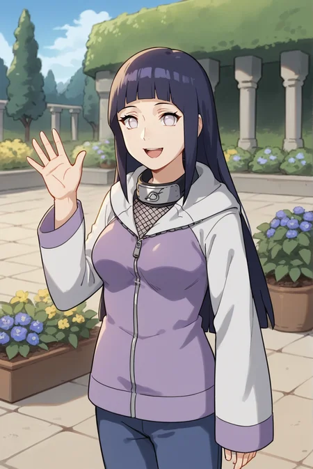 score_9, score_8_up, score_7_up, score_6_up, score_5_up, score_4_up, BREAK source_anime, 1girl, solo,
<lora:HinataShippudenXL-v1-07:0.7>, ChopioHinataBoruto, purple hair, shiny hair, blunt bangs, sidelocks, no pupils, white eyes, looking at viewer,
[medium breasts : large breasts: 10],
long hair, straight hair,
outfit_1, multicolored jacket, zipper, hooded jacket, hood down, forehead protector, fishnet top, long sleeves, sleeves past wrists, blue pants, bandages,
outdoors, garden, flowers, pond, standing, smile, open mouth, waving,
