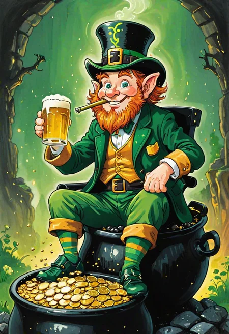illustration of a Leprechaun drinking beer sitting on a large black cauldron filled with gold