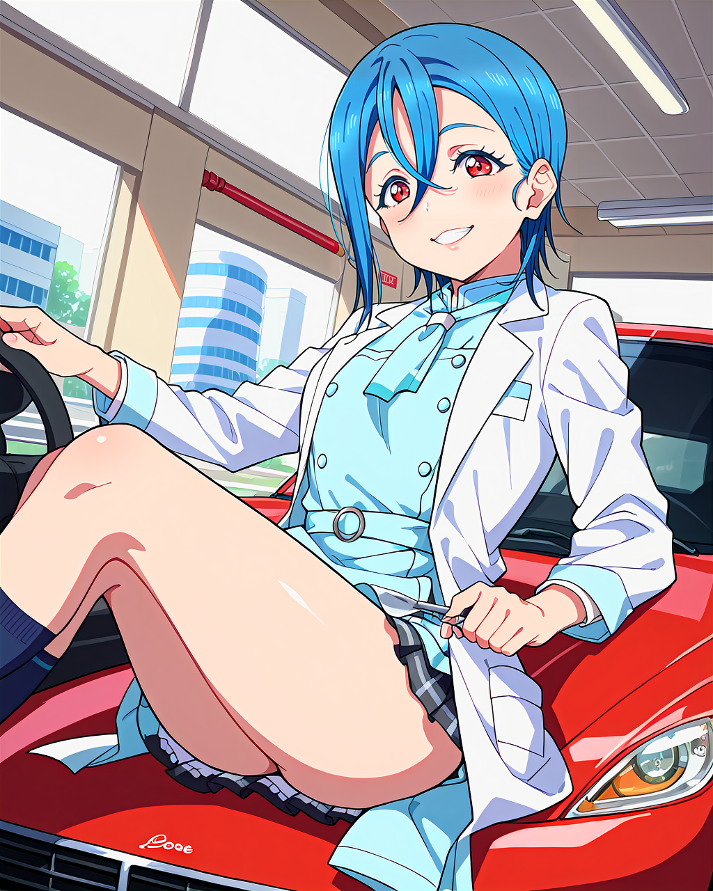 score_9, score_8_up, score_7_up, score_6_up, source_anime, looking at viewer, ((love live!, 1girl, wakana shiki, blue hair, lab coat, hair between eyes, red eyes, short hair, white coat)) (one_knee), (dogwood rose apron), (car , Airport), smile, happy,  <lora:LLChar_Pony_Liella:0.8>
