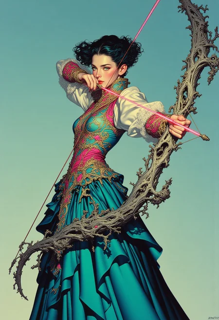 A high-resolution artistic photograph of a woman in an elaborate avant-garde outfit, posed dynamically in an archer-like stance against a soft, textured teal background. She holds a magnificent, ornate bow crafted from interwoven metal branches, infused with vibrant toxic colors—electric blue veins running through its structure, neon green highlights tracing its intricate curves, glowing magenta edges shimmering with energy, iridescent cyan reflections, and fiery orange undertones accentuating its surreal design. The bow’s metallic sheen contrasts beautifully with the softness of her attire, drawing focus to its unique craftsmanship. Her long, flowing gown is transformed with toxic hues—luminescent ultraviolet lace, shimmering acid yellow fabric, an iridescent emerald and neon pink form-fitting bodice, and a voluminous cascading train in translucent radioactive green and deep metallic indigo, adding movement and drama. Her tousled hair glows with streaks of phosphorescent violet and pulsating turquoise, enhancing her striking presence. Her intense, focused expression underscores the strength and determination in her poised stance, making her appear both powerful and otherworldly. The diffused lighting highlights the intricate textures of the gown and bow, casting a mesmerizing glow over the toxic hues, enhancing the fantastical and artistic essence of the composition. ArsMJStyle, Colored pencil hyperdetailed realism,