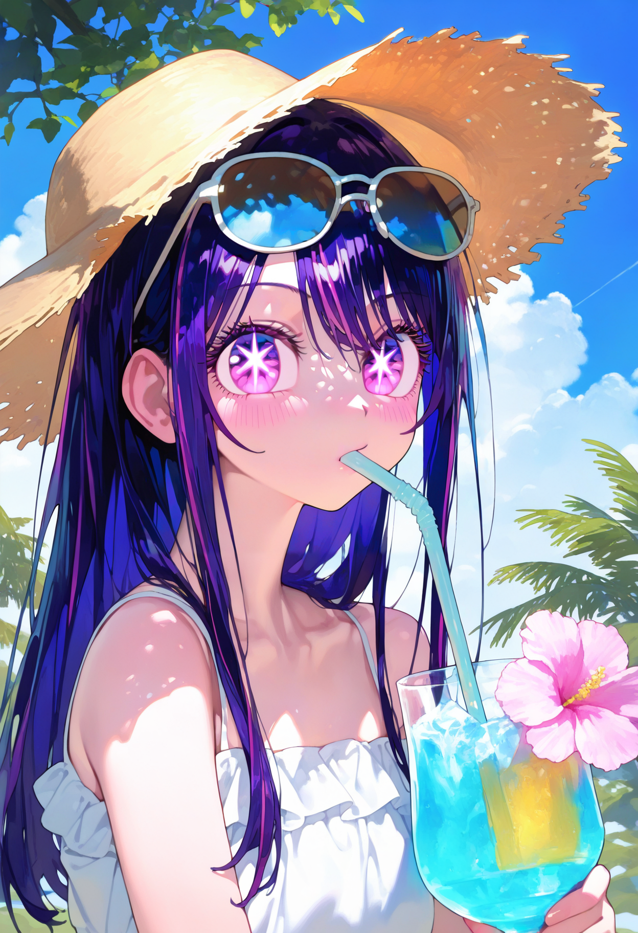 <lora:EatSleep1111StyleSDXL11:1>, best quality, masterpiece, very awa, eatsleep1111, 1girl, hoshino ai (oshi no ko), purple hair, eyewear on head, star (symbol), straw hat, drinking straw in mouth, long hair, symbol-shaped pupils, star-shaped pupils, purple eyes, sunglasses, outdoors, blue sky, pink flower, cloud, holding cup, white dress, looking at viewer, blush, drink, day, collarbone, sun hat, multicolored hair, sleeveless dress, sidelocks, bare shoulders, drinking glass, upper body, tree, streaked hair, brown headwear, swept bangs, shade, hair between eyes, frills,