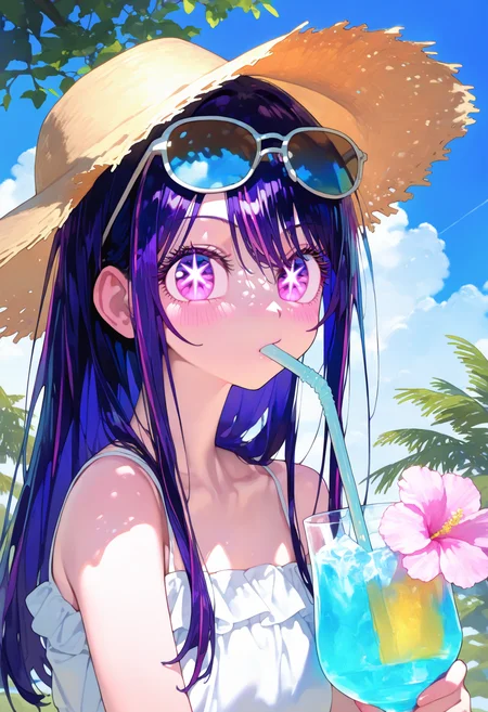 <lora:EatSleep1111StyleSDXL11:1>, best quality, masterpiece, very awa, eatsleep1111, 1girl, hoshino ai (oshi no ko), purple hair, eyewear on head, star (symbol), straw hat, drinking straw in mouth, long hair, symbol-shaped pupils, star-shaped pupils, purple eyes, sunglasses, outdoors, blue sky, pink flower, cloud, holding cup, white dress, looking at viewer, blush, drink, day, collarbone, sun hat, multicolored hair, sleeveless dress, sidelocks, bare shoulders, drinking glass, upper body, tree, streaked hair, brown headwear, swept bangs, shade, hair between eyes, frills,