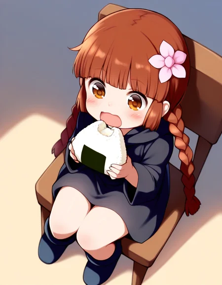 <lora:Grgrkukuri_SDXL_Illustrious01_fp16_ver01:1>,Grgrkukuri,  blunt bangs,robe, braid, brown eyes, twin braids,brown hair,black robe,boots,hair flower,open mouth,eating onigiri,sitting on chair,, masterpiece, best quality, very aesthetic, absurdres,<lora:detailed_hands:1>,hand