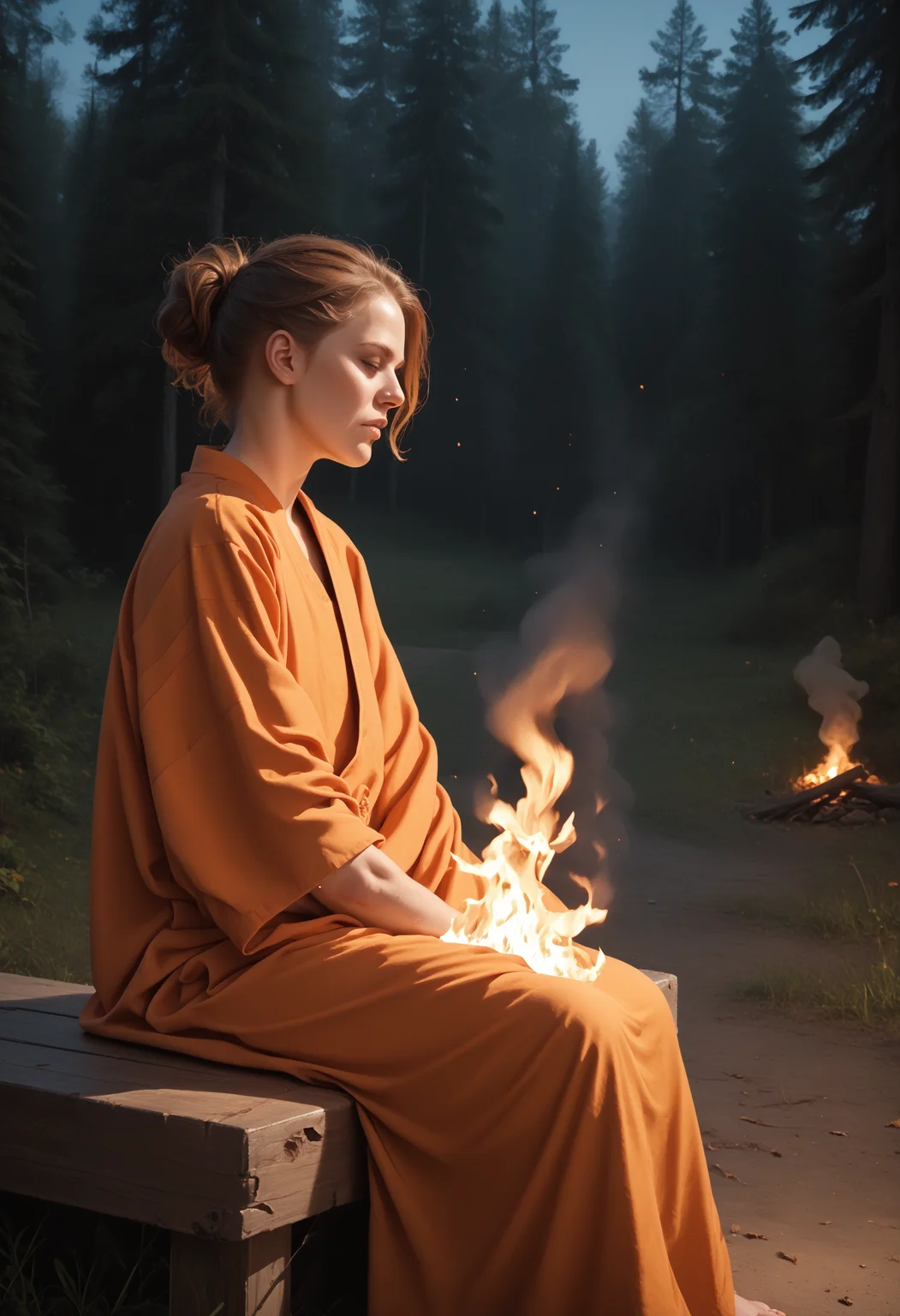f1r3elemental style, solo, 1boy, male focus, mature, short hair, hair made of flames, orange robe, fire, sitting, from side, orange theme, burning, smoke, fire, flames, smoke, embers, made of fire, forest, trees burning, fantasy setting, outdoors, vapor, BREAK PonyXLV6_Scores , <lora:END-Fire_Elemental_Style:0.8>