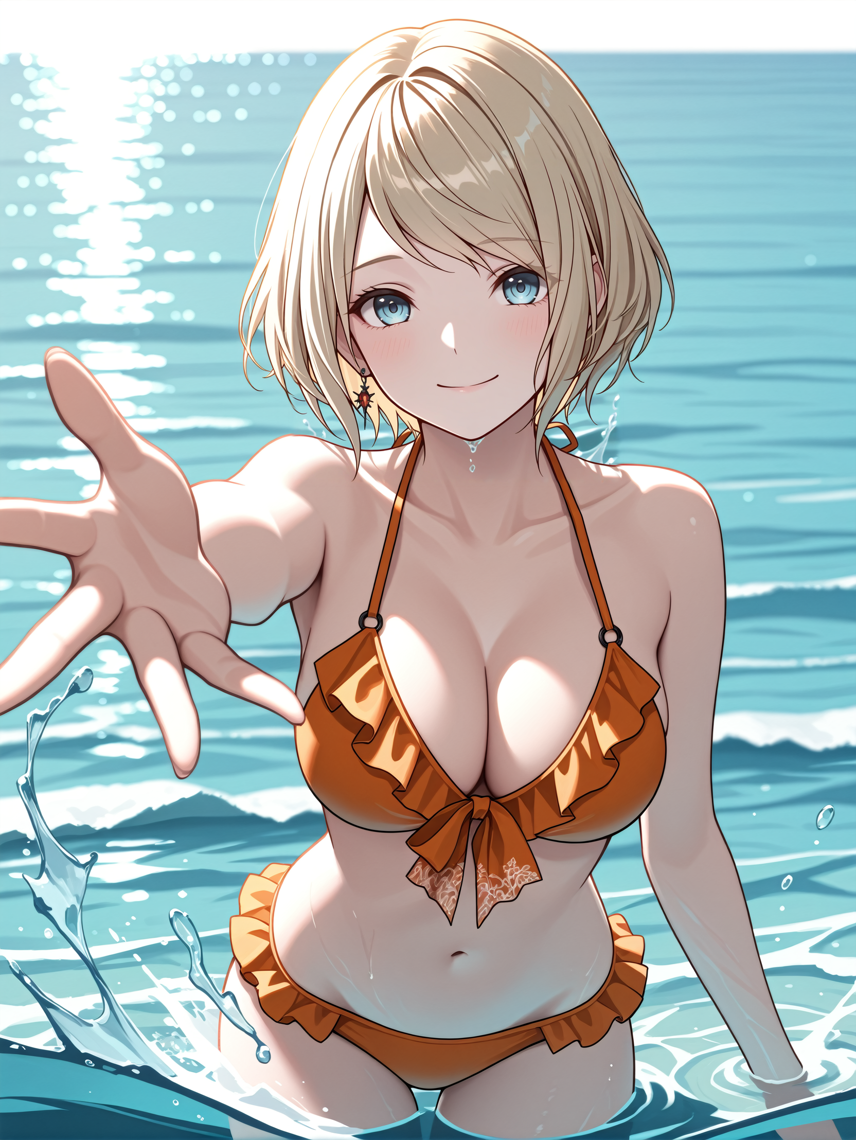 masterpiece, best quality, absurdres,
<lora:RE4Ashley:1.0>
RE4Ashley, 1girl, blonde hair, short hair, blue eyes, looking at viewer, ocean, partially submerged, splashing, frilled bikini, smile, reaching, standing, cowboy shot