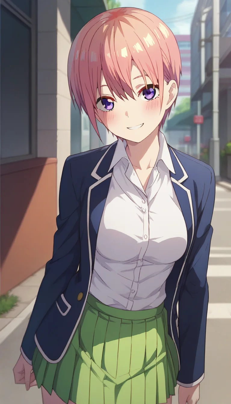 score_9,score_8_up,score_7_up,score_6_up BREAK official art,solo,outdoors,cowboy shot,looking at viewer,facing viewer,smile,blush,nakano ichika,short hair,pink hair,shiny hair,eyebrows hidden by hair,hair between eyes,bangs,purple eyes,school uniform,blue jacket,blazer,wing collar,open jacket,white shirt,collared shirt,dress shirt,long sleeves,medium breasts,green skirt,pleated skirt,black socks,loafers,<lora:Nakano Ichika(tqq)-Pony:1.6>,