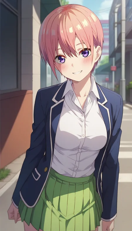 score_9,score_8_up,score_7_up,score_6_up BREAK official art,solo,outdoors,cowboy shot,looking at viewer,facing viewer,smile,blush,nakano ichika,short hair,pink hair,shiny hair,eyebrows hidden by hair,hair between eyes,bangs,purple eyes,school uniform,blue jacket,blazer,wing collar,open jacket,white shirt,collared shirt,dress shirt,long sleeves,medium breasts,green skirt,pleated skirt,black socks,loafers,<lora:Nakano Ichika(tqq)-Pony:1.6>,