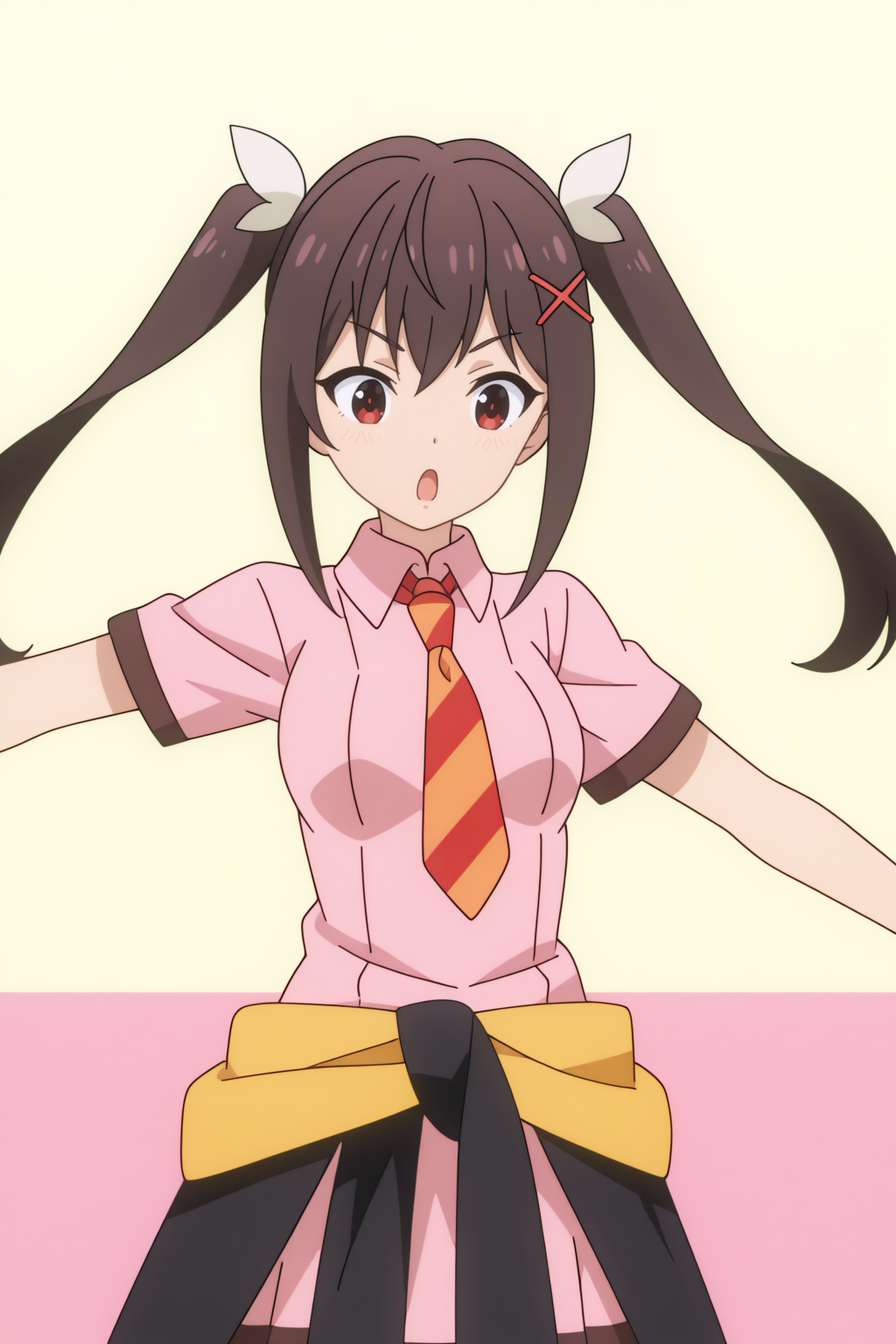 dynamic pose,  Funifura, x hair ornament, long hair, twintails, clothes around waist, striped necktie, pink dress <lora:Konosuba_Bakuen_-_Funifura_-_illustrious:0.8>
