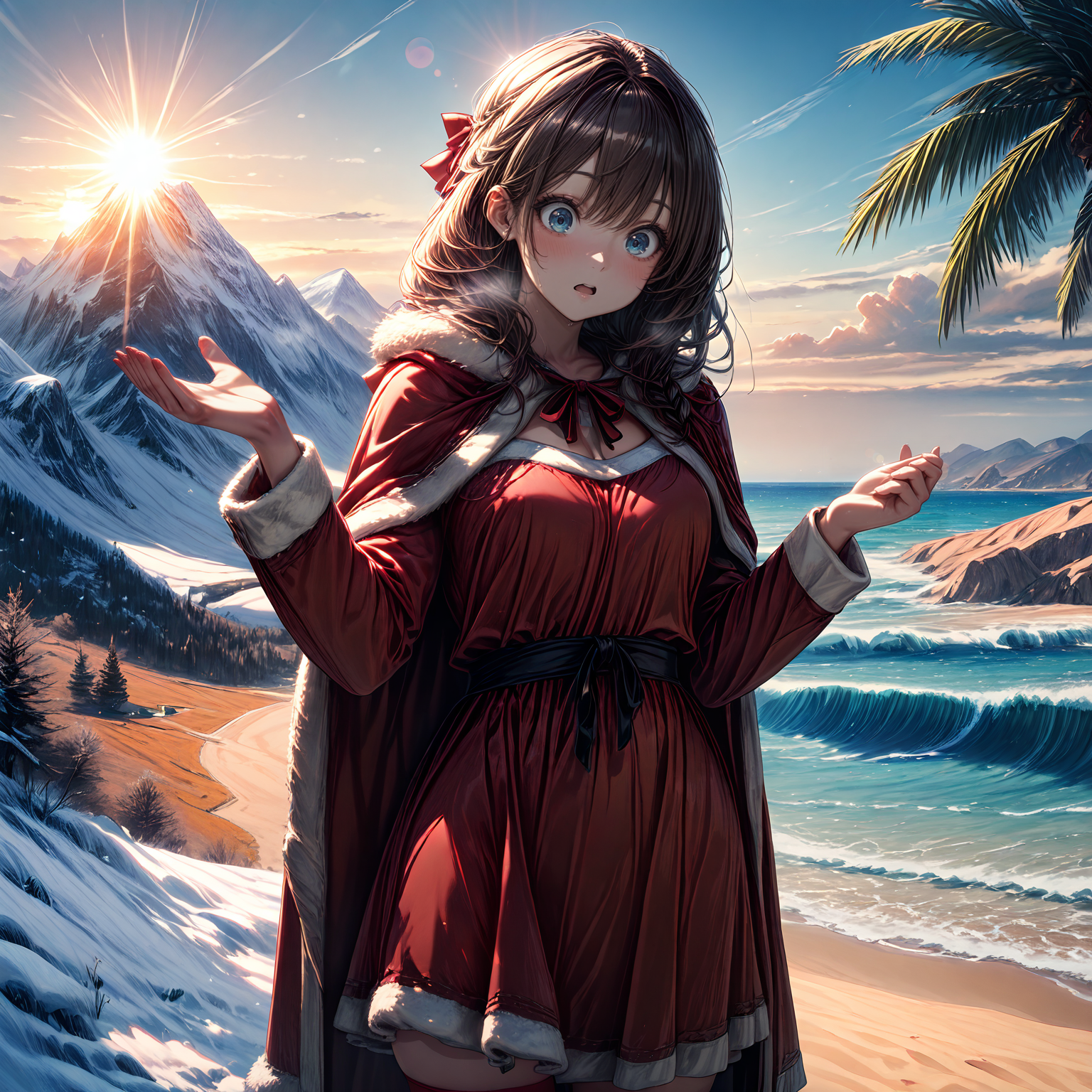 masterpiece,best quality,amazing quality, <lora:IL_Between_pencils_and_semi-realism_Style:0.7> stbedap, scenery,  BREAK mountain, snow, sunlight, lens flare, 1girl, surprised, shrugging, blue eyes, brown hair, red cloak, christmas dress, red thighhighs, (fur trim:1.1),  BREAK desert, beach, palm tree,  ocean, waves, high sun