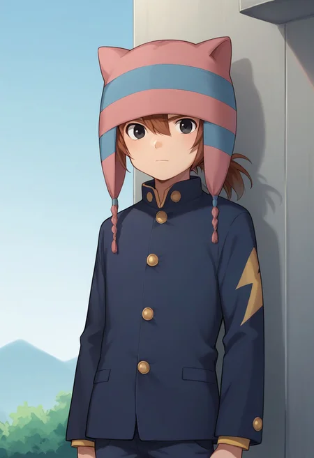 score_9, score_8_up, score_7_up, source_anime, highly detailed,
matsuno, 1boy, male focus, solo, brown hair, ponytail, black eyes, hat, animal hat, school uniform, gakuran, jacket, blue jacket, long sleeves, buttons, pants, blue pants,
outdoor,