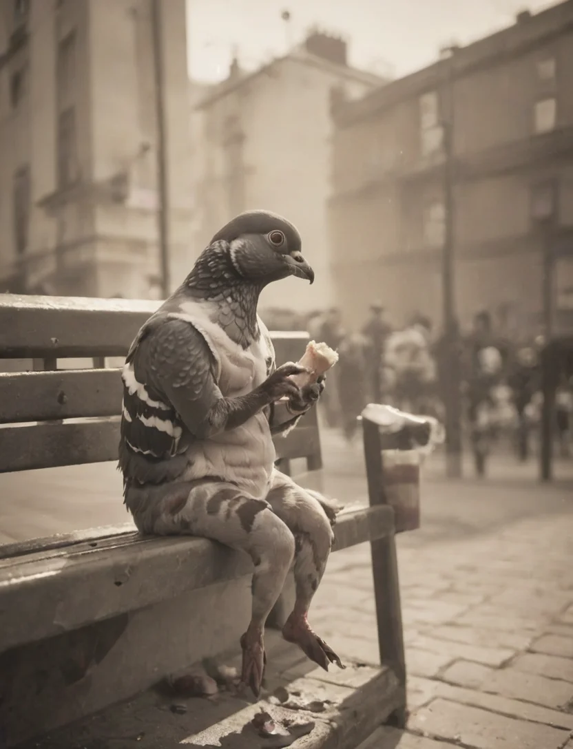 a depressing news-article about a sad pigeon that is sitting on a bench, the sad pigeon is eating a dirty and half eaten hot-dog , deep shadows, perfect composition, motion blur, fx, sepia, high res print, <lora:- SDXL - stnerfx _Stoned_Fox_V4.0:.8>,
