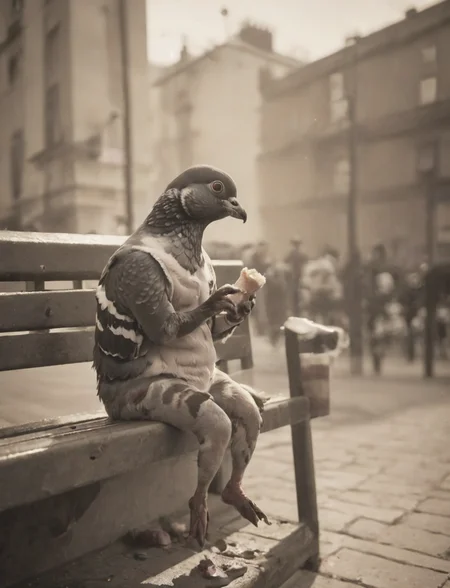 a depressing news-article about a sad pigeon that is sitting on a bench, the sad pigeon is eating a dirty and half eaten hot-dog , deep shadows, perfect composition, motion blur, fx, sepia, high res print, <lora:- SDXL - stnerfx _Stoned_Fox_V4.0:.8>,