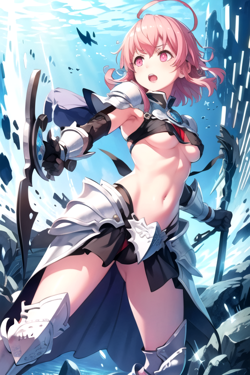 <lora:SakuraPTD-09:0.7> ,sakura, 1girl, solo, short hair, open mouth, red eyes, gloves, holding, medium breasts, weapon, pink hair, ahoge, pink eyes, holding weapon, armor, gun, underboob, underwater, armored boots