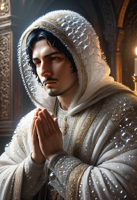 cinematic portrait, a man with hood praying statue made_of_bubbles, statue of torithor(1boy, bara, short hair, black hair, brown eyes, facial hair), intricate carvings covered with flower, dim candlelight flickering across weathered features, hyper-detailed fabric folds, volumetric fog, gothic atmosphere, 8k resolution, unreal engine 5, photorealistic, dramatic chiaroscuro lighting, bubbles, colorful bubbles