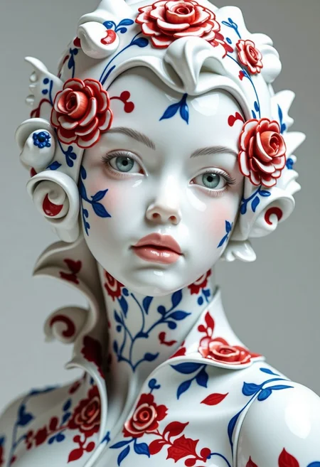 A close-up of a porcelain sculpture. The face is smooth and pale, featuring delicate features with full lips and a slight blush on the cheeks. The eyes are light green, holding an intense gaze. The head is adorned with intricate red floral patterns and (three-dimensional rose flowers:1.5), resembling traditional blue-and-white porcelain designs. The design wraps around the neck and shoulders, enhancing the sculpture's artistic appearance. The background is simple and unobtrusive, allowing the figure to stand out prominently. <lora:FLUX.1-Turbo-Alpha:1> <lora:CTAI-Ceramic:1>