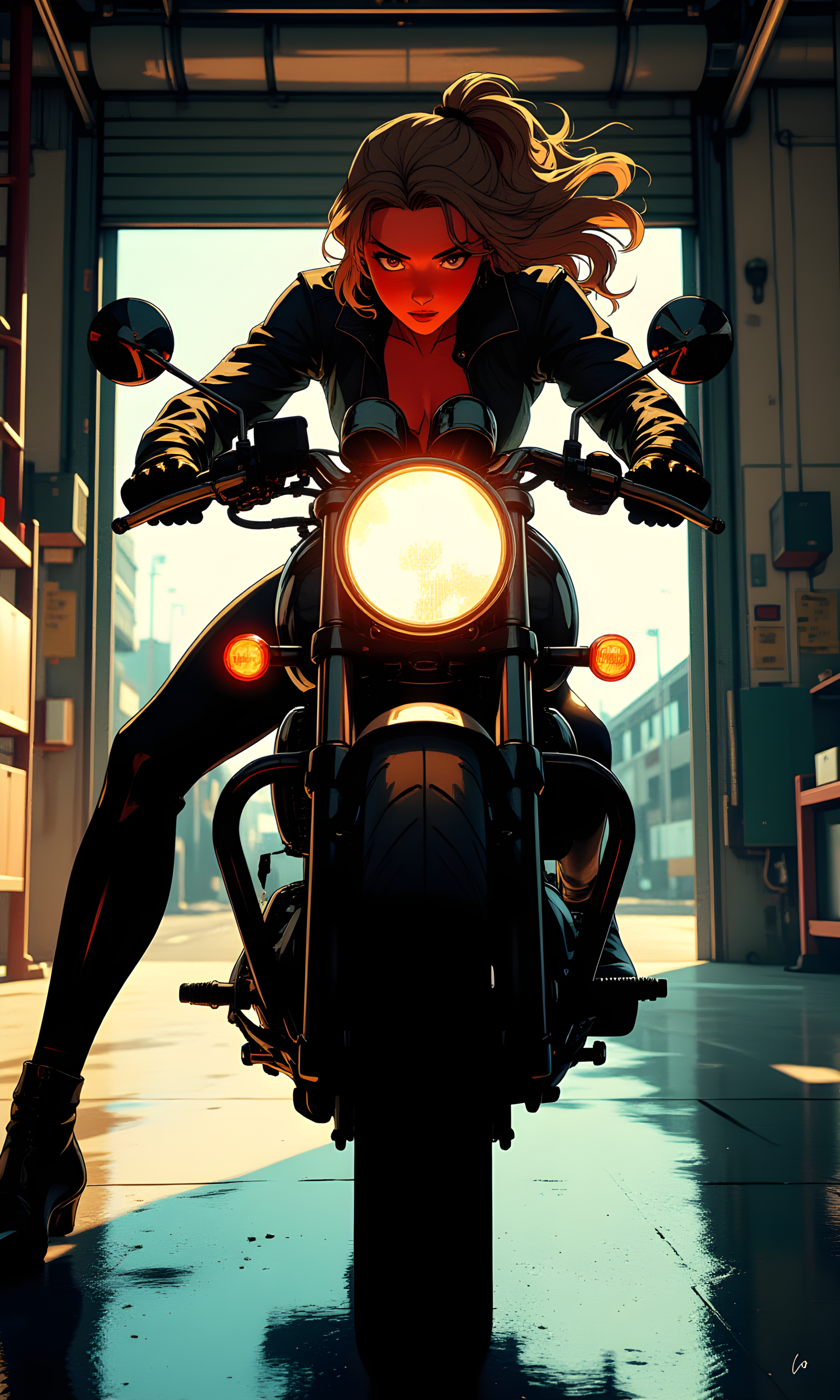 A woman riding a motorcycle. She has long, flowing hair that is partially tied up, and she is wearing a dark, form-fitting outfit that suggests a sense of speed and agility.
Her facial expression is focused and determined. The lighting highlights her face, giving it a reddish hue, which adds to the intensity of the moment. Her eyes are fixed ahead, indicating concentration and readiness.
She is in a dynamic pose, leaning forward on the motorcycle as if she is about to accelerate or maneuver. Her body is positioned low over the bike, with one leg extended back, adding to the sense of motion and control. Her hands grip the handlebars firmly, emphasizing her engagement with the motorcycle.
She is dressed in a dark, possibly leather or similar material, outfit that fits closely to her body. The outfit includes a jacket and pants, providing both protection and a sleek appearance. The choice of clothing enhances the overall impression of speed and precision.
The camera is positioned at a low angle, capturing the woman and the motorcycle from a slightly upward perspective. This angle emphasizes the height of the motorcycle and the subject's dominance over it. The framing focuses on the front of the motorcycle and the subject's upper body, drawing attention to her pose and expression.
The lighting in the image is dramatic, with strong contrasts between light and shadow. The headlight of the motorcycle is illuminated, casting a bright light that reflects off the floor and creates a halo effect around the subject. The background is darker, with the light source coming from outside the garage, creating a silhouette effect and adding depth to the scene.
The background features a garage setting with a large roll-up door that is partially open, allowing natural light to enter. The walls of the garage are plain and industrial, with some visible details like a ladder and other equipment. The floor is smooth and reflective, enhancing the interplay of light and shadow.
The composition is dynamic and engaging, with the subject and the motorcycle as the central focus. The low camera angle and the use of light and shadow create a sense of movement and intensity. The background elements provide context without distracting from the main action, resulting in a powerful and visually striking image.
BREAK anime, d13s3lp2nk, bboil artist style, OBdonman, Anime art, <lora:FLUX\Anime Art V3:0.2>, <lora:FLUX\Synesthesia:0.2>, <lora:FLUX\RetroAnimeS1.1:0.5>, <lora:FLUX\Flux-jijia:0.1>, <lora:FLUX\It's a LoRA for portraits, BUT! actually specialized in backgrounds. v1.0:0.1>, <lora:FLUX\GLSHS:0.2>, <lora:FLUX\Dieselpunk Delight - s0_9 g4:0.4>, <lora:FLUX\OBdonman, anime0style portrait:0.1>