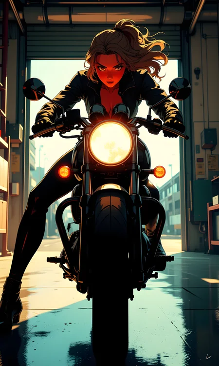 A woman riding a motorcycle. She has long, flowing hair that is partially tied up, and she is wearing a dark, form-fitting outfit that suggests a sense of speed and agility.
Her facial expression is focused and determined. The lighting highlights her face, giving it a reddish hue, which adds to the intensity of the moment. Her eyes are fixed ahead, indicating concentration and readiness.
She is in a dynamic pose, leaning forward on the motorcycle as if she is about to accelerate or maneuver. Her body is positioned low over the bike, with one leg extended back, adding to the sense of motion and control. Her hands grip the handlebars firmly, emphasizing her engagement with the motorcycle.
She is dressed in a dark, possibly leather or similar material, outfit that fits closely to her body. The outfit includes a jacket and pants, providing both protection and a sleek appearance. The choice of clothing enhances the overall impression of speed and precision.
The camera is positioned at a low angle, capturing the woman and the motorcycle from a slightly upward perspective. This angle emphasizes the height of the motorcycle and the subject's dominance over it. The framing focuses on the front of the motorcycle and the subject's upper body, drawing attention to her pose and expression.
The lighting in the image is dramatic, with strong contrasts between light and shadow. The headlight of the motorcycle is illuminated, casting a bright light that reflects off the floor and creates a halo effect around the subject. The background is darker, with the light source coming from outside the garage, creating a silhouette effect and adding depth to the scene.
The background features a garage setting with a large roll-up door that is partially open, allowing natural light to enter. The walls of the garage are plain and industrial, with some visible details like a ladder and other equipment. The floor is smooth and reflective, enhancing the interplay of light and shadow.
The composition is dynamic and engaging, with the subject and the motorcycle as the central focus. The low camera angle and the use of light and shadow create a sense of movement and intensity. The background elements provide context without distracting from the main action, resulting in a powerful and visually striking image.
BREAK anime, d13s3lp2nk, bboil artist style, OBdonman, Anime art, <lora:FLUX\Anime Art V3:0.2>, <lora:FLUX\Synesthesia:0.2>, <lora:FLUX\RetroAnimeS1.1:0.5>, <lora:FLUX\Flux-jijia:0.1>, <lora:FLUX\It's a LoRA for portraits, BUT! actually specialized in backgrounds. v1.0:0.1>, <lora:FLUX\GLSHS:0.2>, <lora:FLUX\Dieselpunk Delight - s0_9 g4:0.4>, <lora:FLUX\OBdonman, anime0style portrait:0.1>