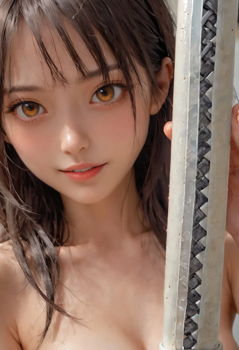 Score_9, Score_8_up, Score_7_up, expression h, 1 naked girl, cute korean girl, 18 years old, clear face, medium brown hair, really cute korean girl face, lovely face, balanced face, natural expression, balanced face, brown eyes, flawless clean skin, clean skin, clean skin, viewer, delicate vagina, voluptuous body, makeup, HD32K, amazing details, parted lips, smile, erotic expression, long legs, perfectly round breasts, wide hips, thick thighs, side view, looking at viewer, ferocious expression, very evil and dangerous, drawing a cross, katana, drawing a sword, iaido, one hand in the scabbard, drawing from the scabbard, drawn blade covering one eye, taken from the epic movie Ghost in Armor, ckjs style spaceship in the background <lora:MoriiMee_Gothic_Niji_Style_Illustrious_r1:0.5>, upper breasts Come out, close-up nipple,