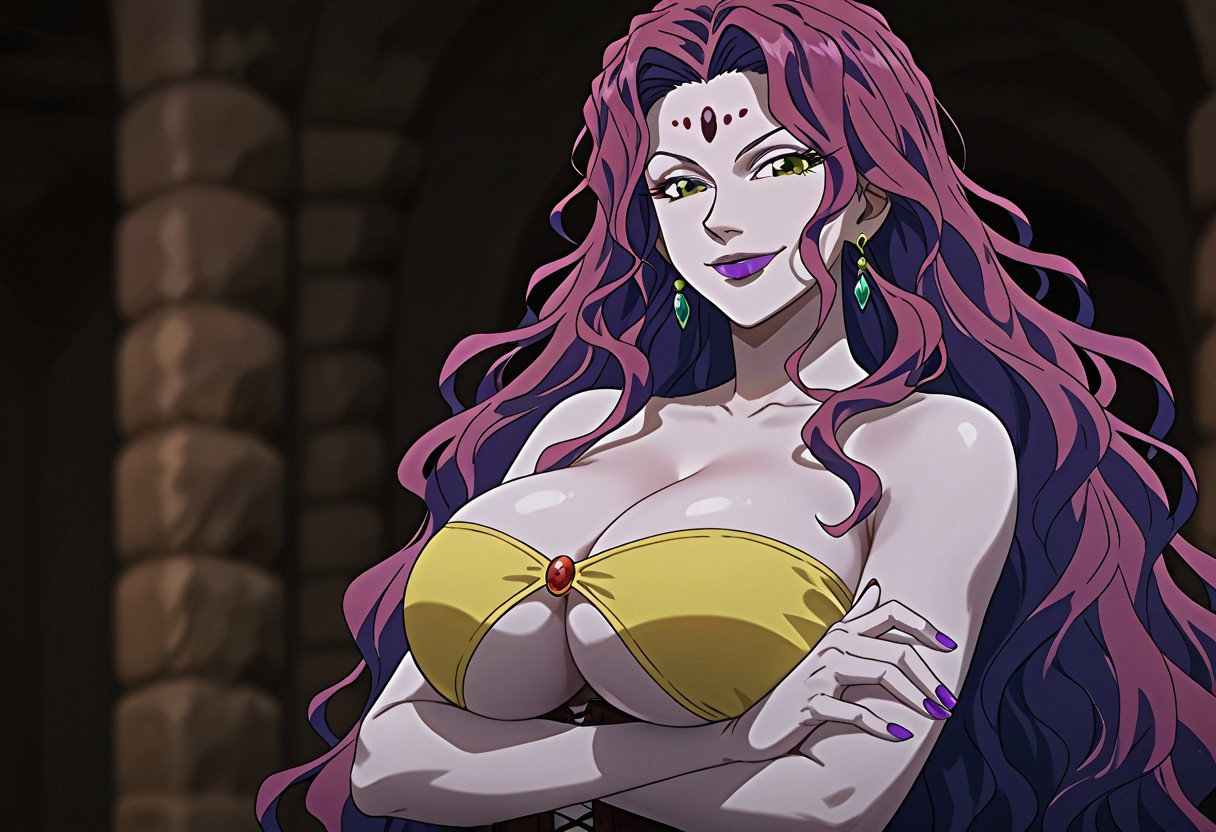 1girl, upper body, crossed arms, looking at viewer, smile, queenzazan, mature female, purple hair, colored skin, yellow bikini, nail polish, purple lips, long hair, grandiet hair, facial mark, foerehead mark, yellow eyes, makeup, lipstick, earrings, thong bikini, swimsuit, tail, wavy hair, jewerly, bare shoulders, huge breasts, navel, cleavage, corset, underboob, Score_9, Score_8_up, Score_7