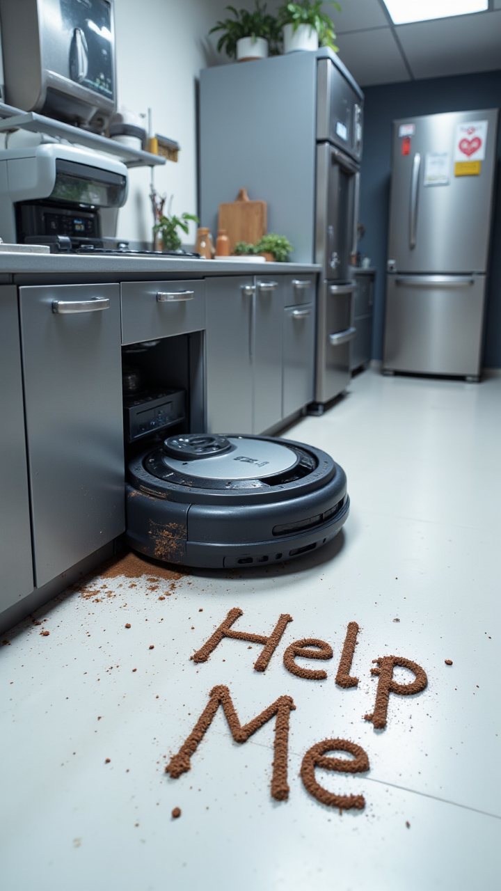 In a futuristic kitchen, a robot vacuum is trapped under a cabinet, its wheels spinning uselessly as it tries to break free. The normally pristine floor is littered with dust and crumbs, and in its struggle, the vacuum has inadvertently written âHelp Meâ in the dirt. The message is crudely formed but clear, a desperate cry from the malfunctioning machine. The kitchenâs sleek, metallic surfaces reflect the vacuumâs plight, adding a sterile and somewhat comedic tone to the scene. A nearby smart fridge chimes obliviously with a notification about low milk supplies. with Text: "Help Me"   , aidmaTextImprover