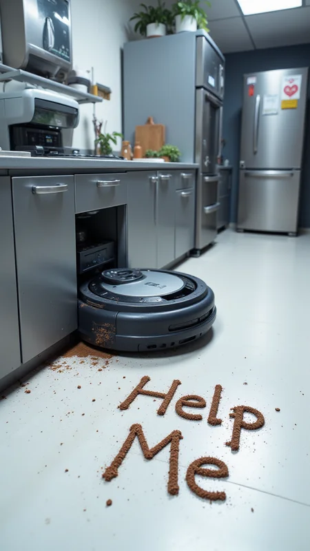 In a futuristic kitchen, a robot vacuum is trapped under a cabinet, its wheels spinning uselessly as it tries to break free. The normally pristine floor is littered with dust and crumbs, and in its struggle, the vacuum has inadvertently written âHelp Meâ in the dirt. The message is crudely formed but clear, a desperate cry from the malfunctioning machine. The kitchenâs sleek, metallic surfaces reflect the vacuumâs plight, adding a sterile and somewhat comedic tone to the scene. A nearby smart fridge chimes obliviously with a notification about low milk supplies. with Text: "Help Me" , aidmaTextImprover
